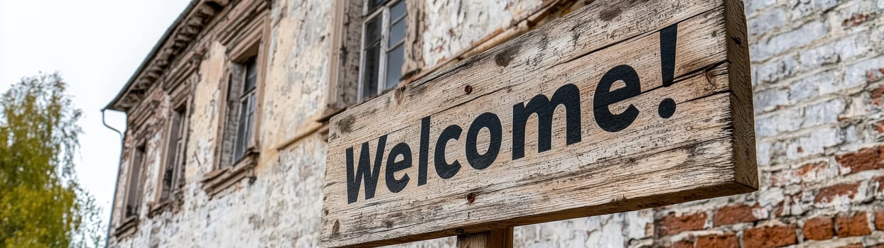 Rustic wooden welcome sign in front of an old building photo