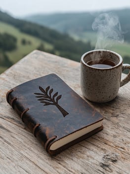 Leather journal and cup of tea overlooking a valley photo