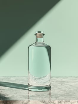 Glass bottle with cork stopper on marble surface photo