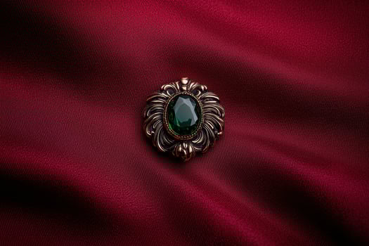 Green gemstone ring on red fabric photo