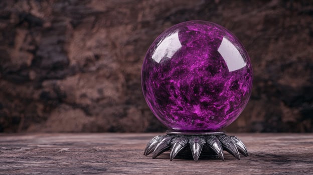 Purple crystal ball on a dark wooden surface photo