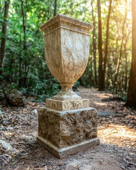 Ornate stone urn on pedestal in forest setting photo