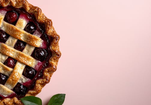 Close up of a delicious homemade cherry pie on a pink background photo