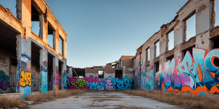 Old Abandoned Building with Shattered Windows and Colorful Graffiti on the Walls. photo