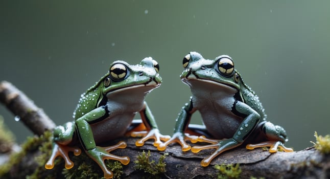 Two amazon milk frogs including a panda tree frog seen up close on a branch photo