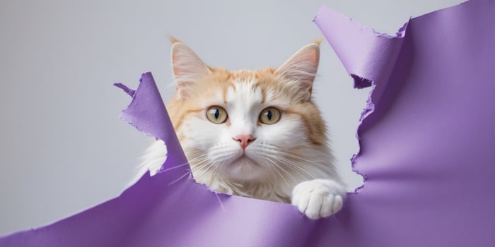 a cute white and ginger cat looking through a ripped hole in a purple paper banner with copy space. photo