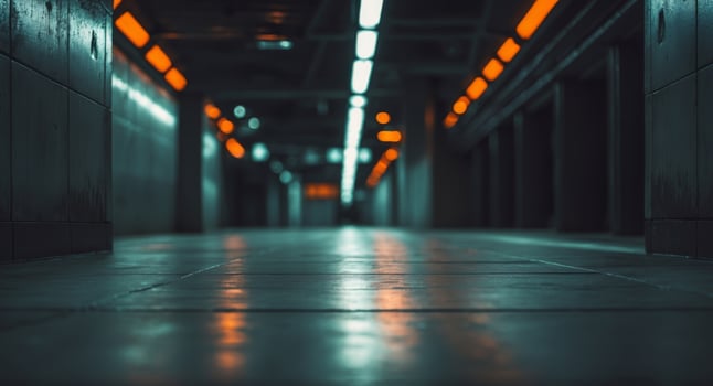 A subway station with orange lights and a dark background. photo
