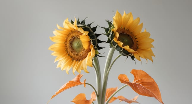 A close up of two yellow sunflowers with orange leaves. photo