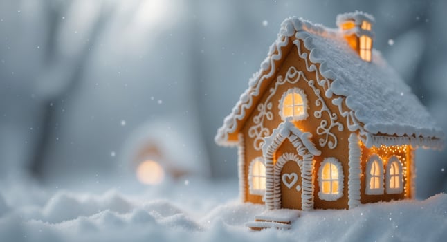 A close up of a gingerbread house in the snow photo
