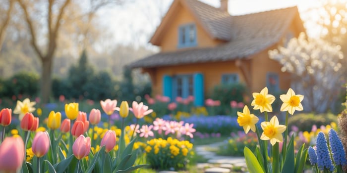 Vibrant flower garden with a wooden house on a sunny day. photo