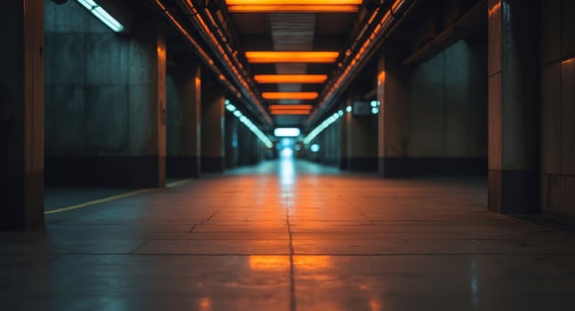A subway station with orange lights and a dark background photo