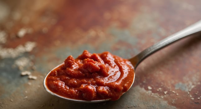 Close Up of Red Sauce in a Spoon on a Rustic Background. photo