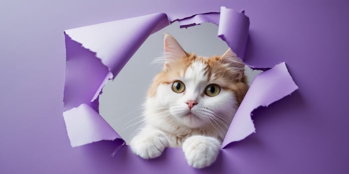 a cute white and ginger cat looking through a ripped hole in a purple paper banner with copy space photo