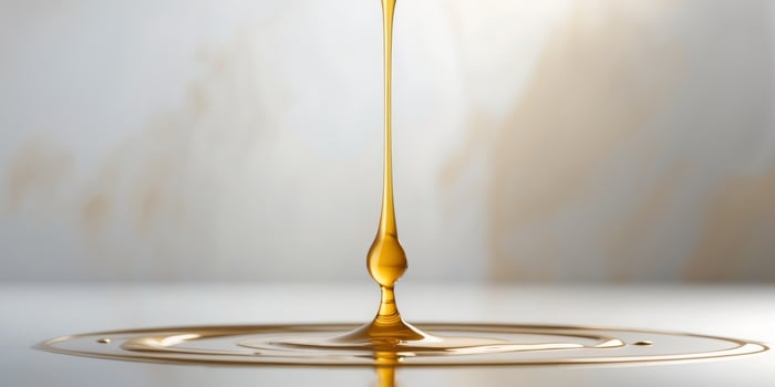 golden liquid drip with texture and shine on blurred background. photo