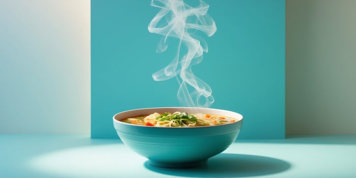 Bowl of vegetable noodle soup on a turquoise background with Copy Space for text. photo