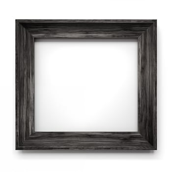 close up front view black wooden square frame on white. mockup frame square with white sheet in the center photo