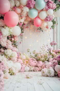 A room with balloons, flowers and a white wall photo