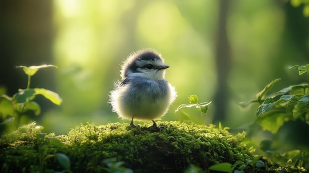 A small bird is standing on top of a moss covered rock photo