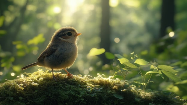 A small bird is standing on a moss covered rock photo