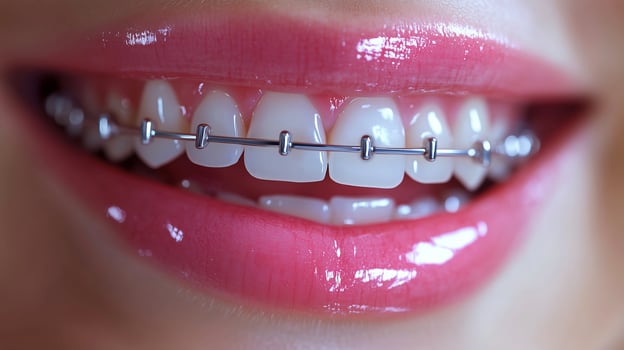 A detailed close-up of bright, healthy teeth with metal braces and glossy pink lips, emphasizing dental care and orthodontics. photo