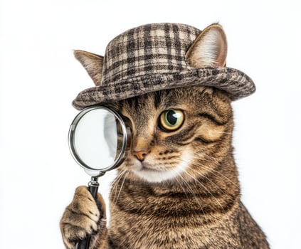 Cat wearing a detective hat and holding a magnifying glass showcases a curious expression in a playful setup photo