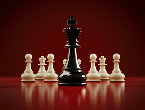 Chess game in progress with a black king and white pawns highlighted on a reflective surface photo