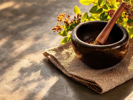 Mortar and pestle with spices and herbs on a rustic surface during natural light in a cozy kitchen setting photo