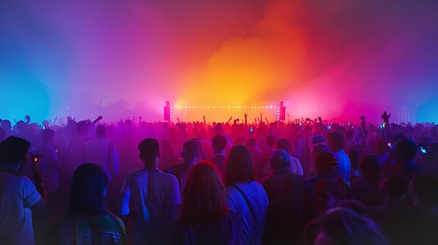 This People gather at a colorful festival celebrating Holi, enjoying music, dancing, and joyous moments. photo
