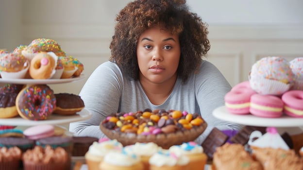 This Individual appears deep in thought while surrounded by a variety of cakes and pastries. photo