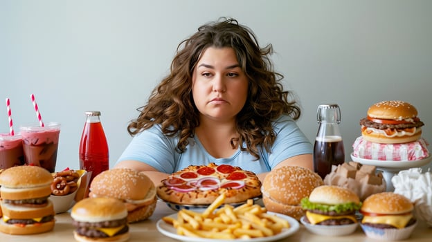 This person stares at an array of fast food, reflecting on choices amidst gluttony and temptation. photo