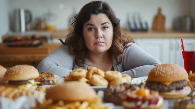 This Woman looks contemplative while sitting amid a variety of fast food in a warm kitchen setting. photo