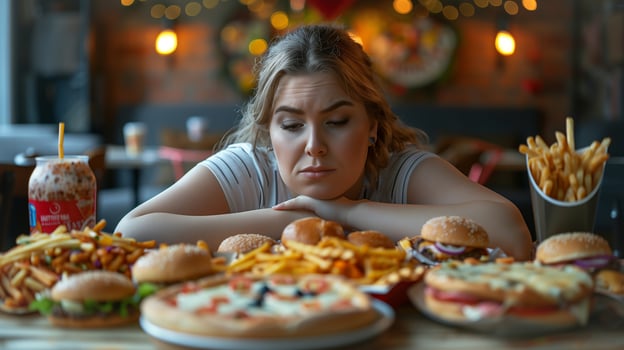This woman looks thoughtfully at an array of fast food, contemplating her choices amidst the feast. photo