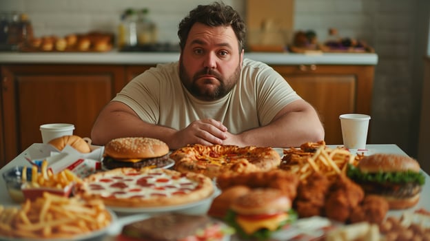 This man thoughtfully looks at a table full of pizza, burgers, and fries. photo