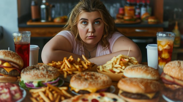 This young woman gazes longingly at a spread of fast food, contemplating her choices. photo