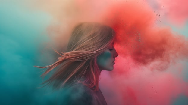 This Faces and surroundings are filled with bright colors during the Holi festival, celebrating spring. photo