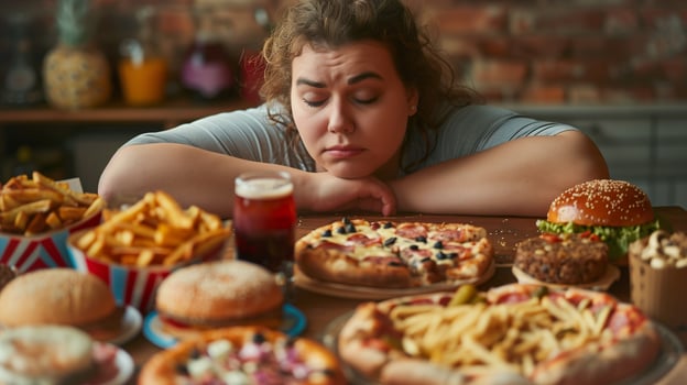 This disappointed person faces a table of tempting fast food, thinking about their excess weight. photo