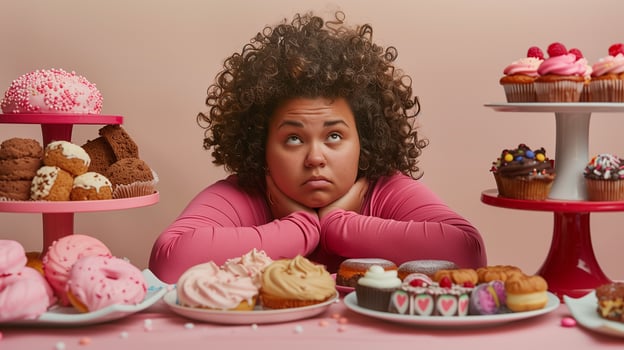 This person sits with arms crossed, gazing up thoughtfully at an array of desserts. photo