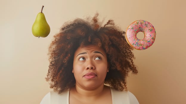 This person contemplates the decision between a pear and a donut, reflecting on healthy eating habits. photo