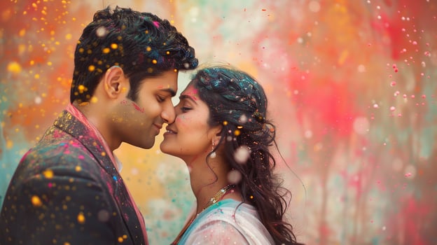 This couple shares a joyful moment during Holi, surrounded by colorful powders and festive spirit. photo