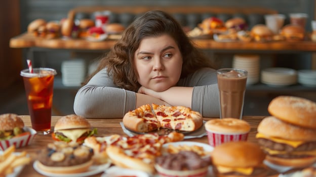 This woman stares thoughtfully at a table full of various foods and drinks, making decisions. photo