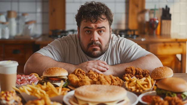 This man looks at various fast food options, considering his choices in a cozy kitchen. photo