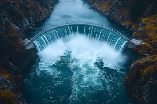 Majestic Waterfall Over Dam in Scenic Gorge - Nature's Power and Beauty photo