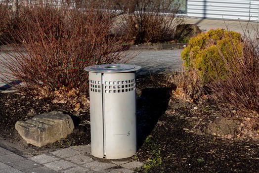 Urban trash can surrounded by shrubs in a city park area photo