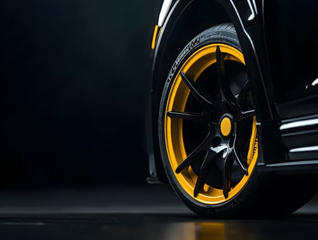 Black Car Wheel with Yellow Rim and Tire photo