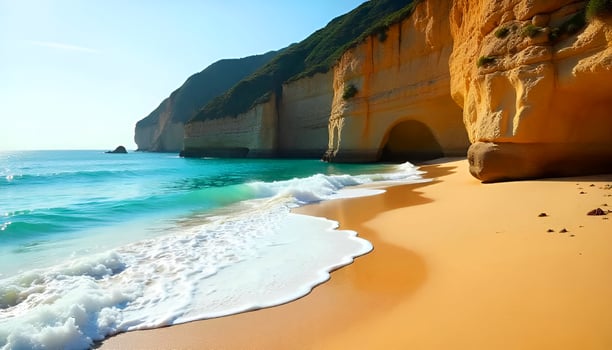 a sandy beach with waves and cliffs photo