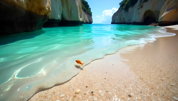 a small orange fish is sitting on the beach photo