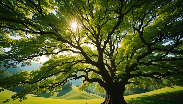 Majestic Sunlit Tree Lush Green Canopy, Serene Landscape photo