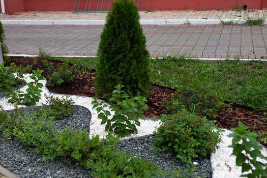 Landscape design in green garden,panoramic view of nice landscaped yard of residential house. Paving path, plants and vintage lantern in home backyard, beautiful landscaping in summer. photo