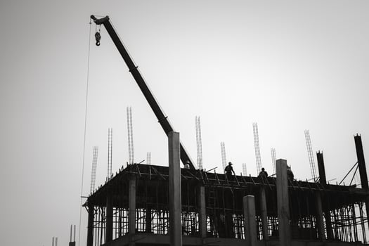 Construction site, Tower Cranes on Residential buildings Construction, Construction of Multi Storey Residential Building, Tower Crane on formworks, Construction of Skyscrapers, Black and white picture photo