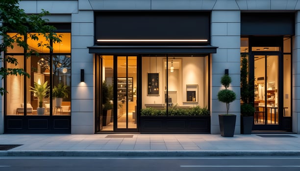 Modern Store Front at Night with Warm Lighting photo
